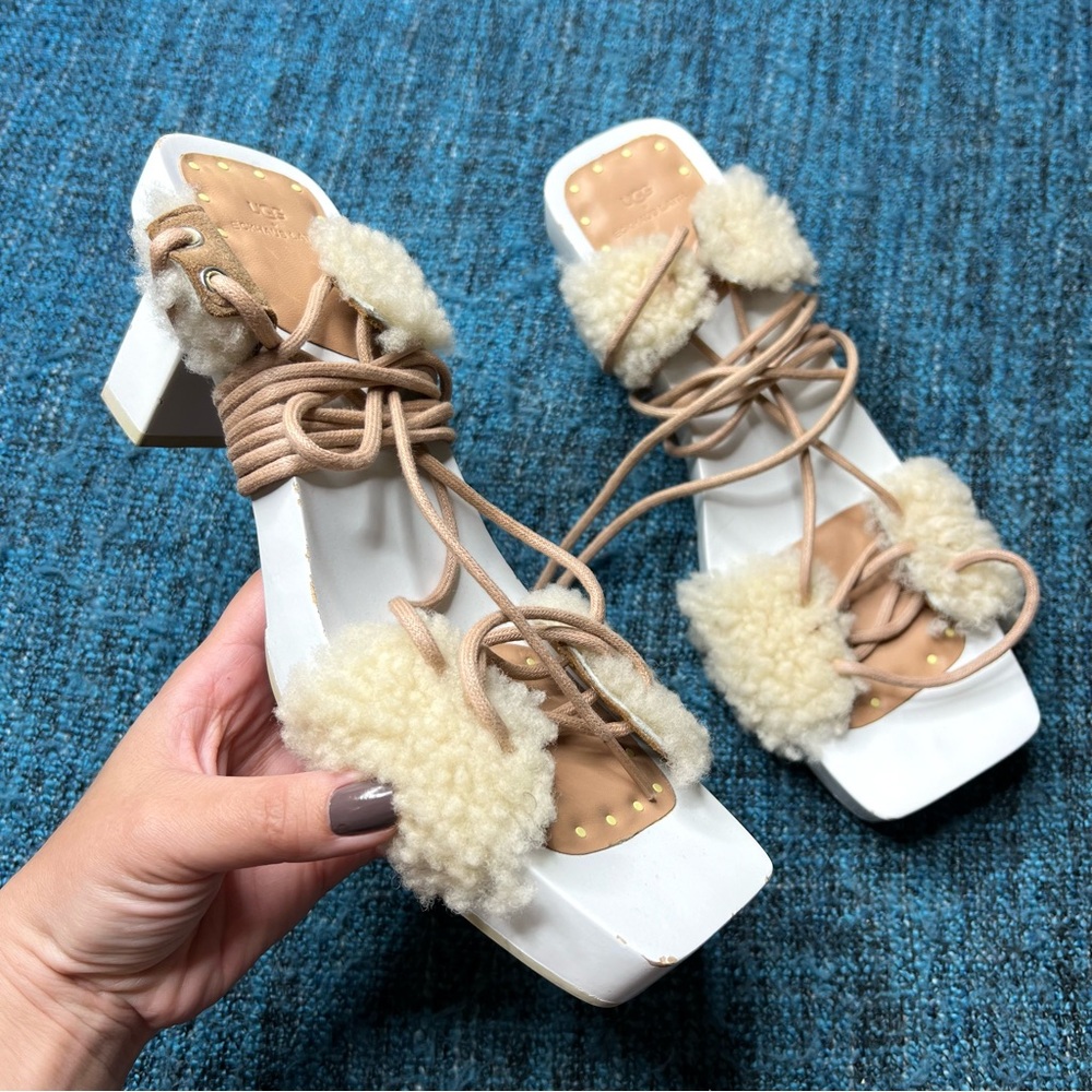 UGG x Eckhaus Latta Shearling Pillar Heeled Sandals in White Tan